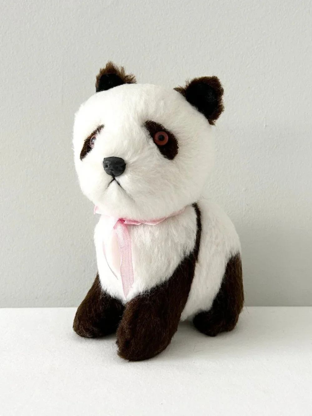 Vintage Panda Bear Plush Stuffed Animal Toy Brown Wht Fur Hard Body Pink Ribbon